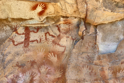 Photo Note Card: 
Cave of the Hands (Cueva de las Manos), one of the most photographed rock art sites in the world, featuring 9,000 year old pre-Incan  petroglyphs, Ruins at Rio Pinturas Canyon Canyon  (Canon del Rio Pinturas) in Chubut province, in the Patagonian region of southern Argentina