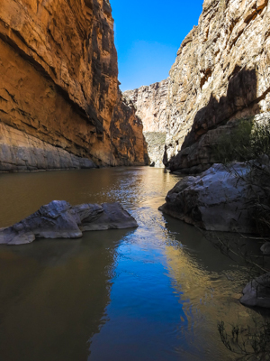 Photo Note Card: View upriver as the Rio Grande River flowing through Santa Elena Canyon with its 1,500 foot canyon walls and late morning shadows, in Big Bend National Park, Texas. 