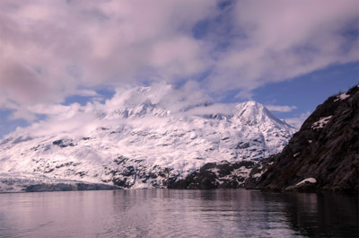 Photo Note Card: 
Mountain Landscape, with snow-covered peaks and surrounding clouds, taken while approaching Margerie Glacier, in Glacier Bay National Park, Alaska