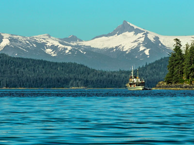 Photo Note Card: 
Sumdum Glacier, with the M/V Catalyst anchored in the foreground, from a kayak in Pleasant Bay, at the mouth of Seymour Canal in the Inner Passage in southeast Alaska