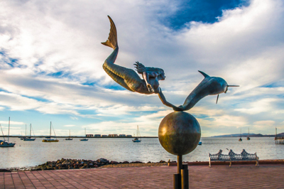 Photo Note Card: Mermaid and Dolphin Bronze Statue, taken  on the waterfront at La Paz, South Baja, Mexico