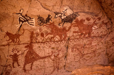 Photo Note Card: 
Pictographs in Painted Cave,  ranging in age from Ancient Puebloan to recent (including graffiti),  was taken along the Capulin Canyon/Painted Cave Trail in  Bandelier National Monument, near Los Alamos, New Mexico