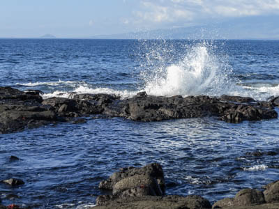 Photo Note Card: 
Waves spashing against the lava shoreline, on a hike at Punta Espinoza on Fernandina Island, Galapagos Islands, Ecuador