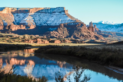 Photo: Fisher Towers, La Sal Mountains &  Reflections in the Colorado River, was taken in late afternoon in the Moab, Utah area