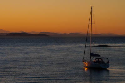 Photo Note Card: 
Sailboat at Sunset, in a Sucia Island inlet of the San Juan Islands in the Salish Sea of Washingtion