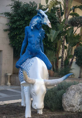 Photo Note Card: 
Blue Maiden on a Bull statue at the entranceway of the Hotel Aldaluz in Torremolinos, on the Costa del Sol of the Mediterranean Sea in the Malaga province of southern Spain