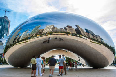 Photo Note Card: 
Cloud Gate (aka Chicago Bean), a sculture made of 68 stainless steel plates welded together with no visible seams and measuring 66'(w) by 42'(h) by 33'(d), Millennium Park in the Loop community area of Chicago, Illinois