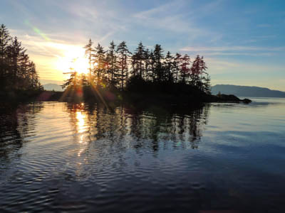 Photo Note Card: 
Sunstar announcing Dusk and the Setting Sun, Cove in the Brothers Islands, Frederick Sound, Inner Passage, southeast Alaska