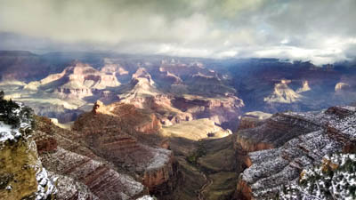 Photo Note Card: 
Grand Canyon in Clouds and a snowstorm above the Battleship and Indian Garden, was taken from the Trail of Time, near Yavapai Point on the South Rim  of Grand Canyon National Park, Arizona
