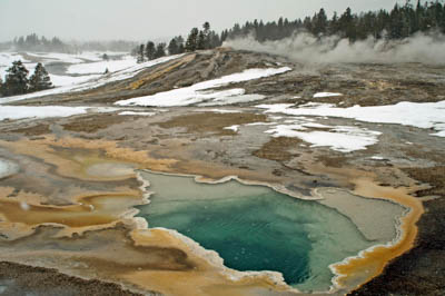 Photo Note Card: 
Doublet Pool Hot Springs  during a winter snowstorm, Geyser Hill in the upper  Geyser Basin of Yellowstone National Park, Wyoming