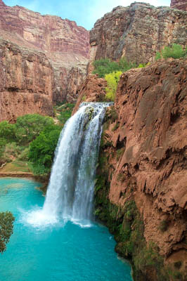 Photo Note Card: 
Blue-green travertine waters spilling over spectacular Havasu Falls, just outside of the village of Supai, in Havasupai Tribal Park, just west of  Grand Canyon National Park, Arizona