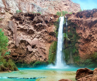 Photo Note Card: 
Blue-green travertine waters spilling over spectacular Mooney Falls, was taken just outside of the village of Supai, in Havasupai Tribal Park, just west of  Grand Canyon National Park, Arizona