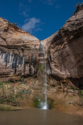 Photo Note Card: 
Upper Calf Creek Fall dropping over sandstone cliffs painted with desert varnish,  was taken on a hike in Upper Calf Recreation Area in the canyon country north of Escalante, Utah